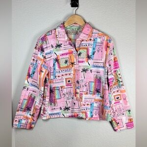 New Direction Artsy Vacation Novelty‎ Print Beaded Pink Blazer Jacket Sz Large